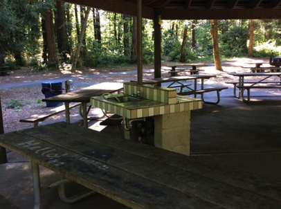 Picnic shelter with picnic tables sink garbage can and electrical
